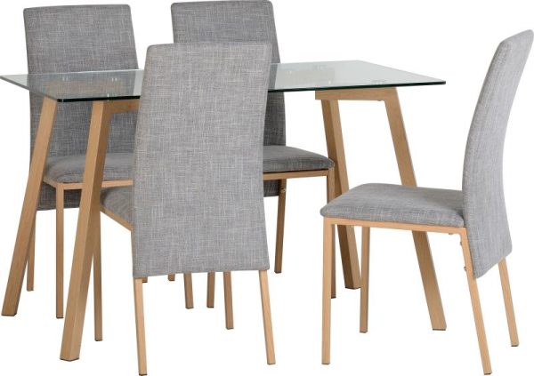 Morton Glass Dining Set With 4 Fabric Grey Chairs