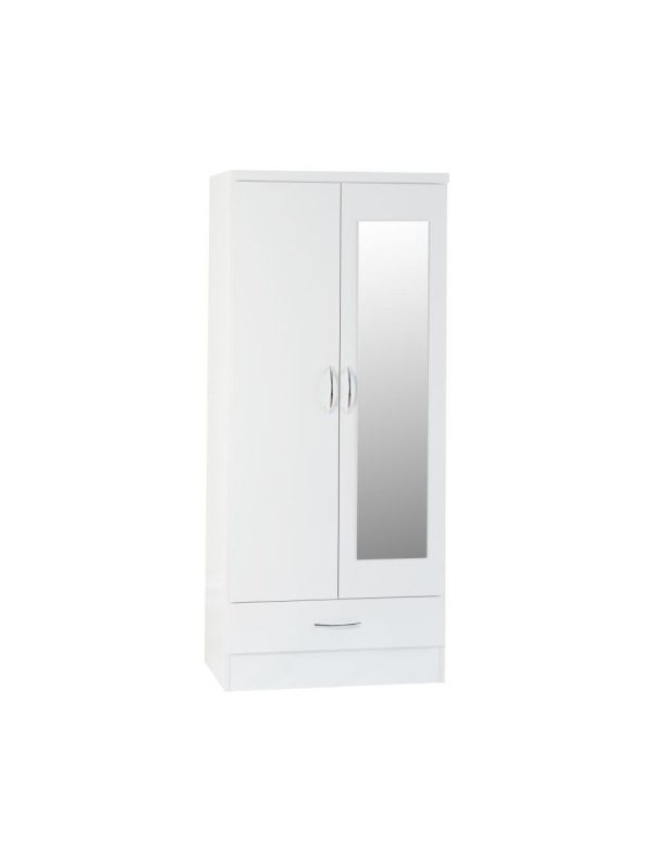 Nevada White Gloss 2 Door 1 Draw Mirrored Wardrobe